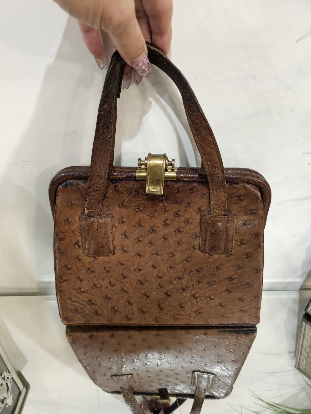 Vintage PEERLESS OF LONDON Brown  Ostrich GENUINE Leather - 1950s